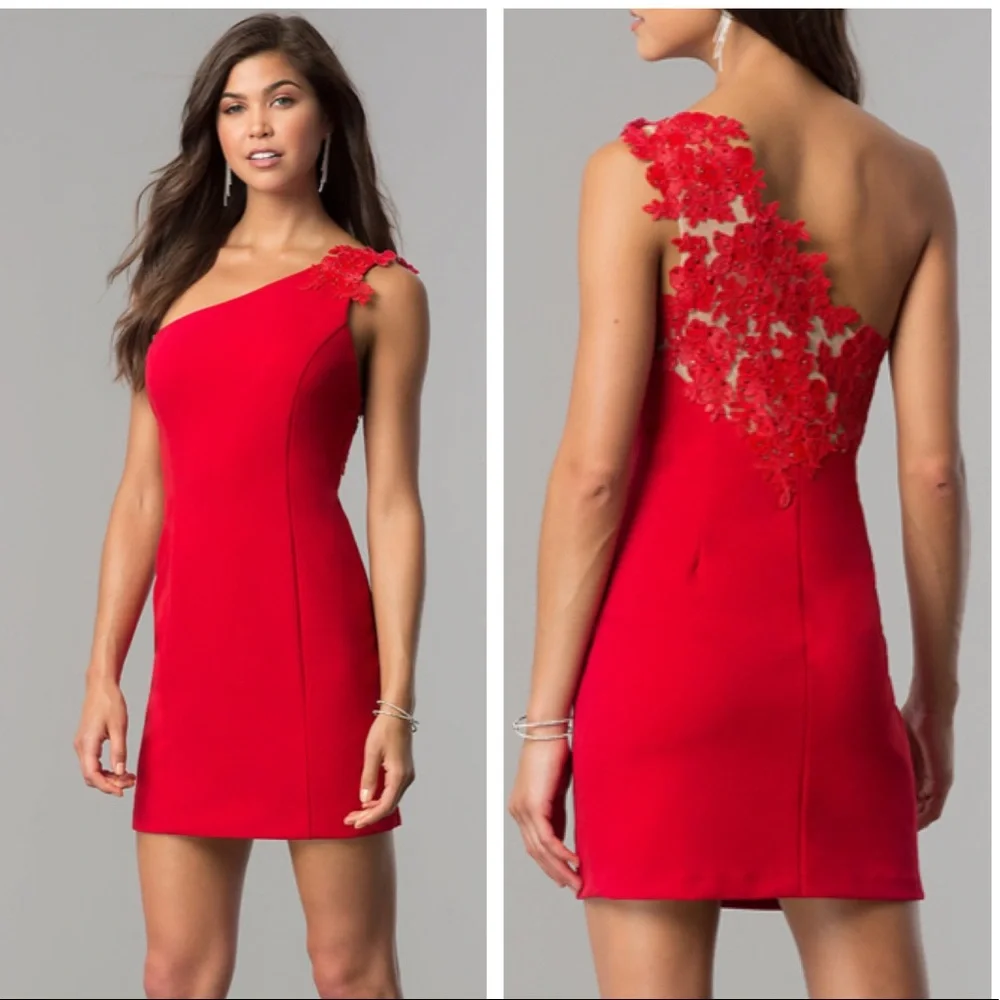 Dear Moon One Shoulder Dress with Rhinestone-Embellished Floral-Lace Appliqué - Picture 3 of 8